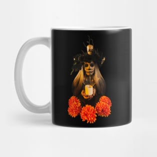 Sugar skull lady with candle and flowers Mug